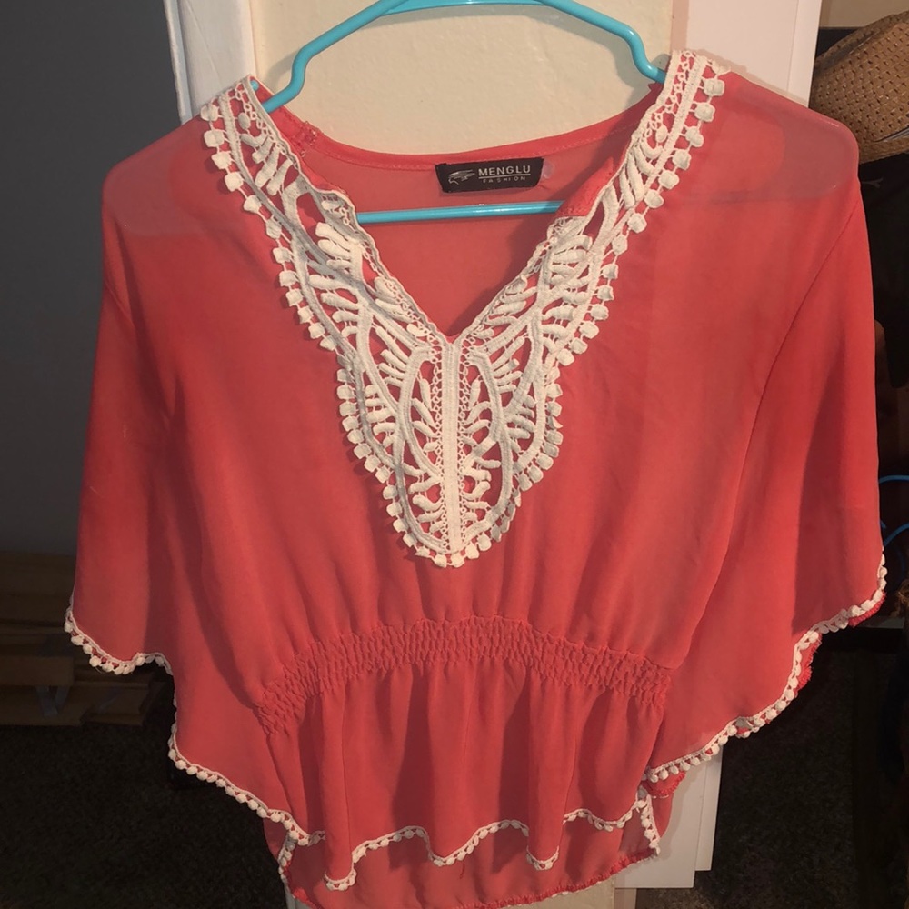 Sheer Orange Top with white embroidery - Small - excellent condition